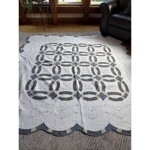 Vintage Double Wedding Ring Floral Patchwork Quilt Queen 81x83 Blue Cream Green
